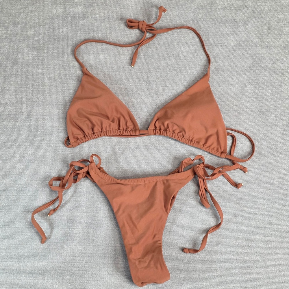 Boutique Bikini Set Women S Terracotta Triangle Top Side Tie Ruched Bottoms